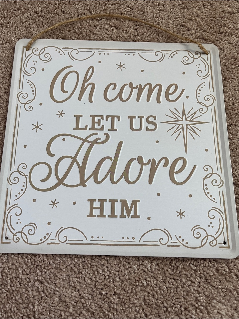 Oh Come Let Us Adore Him White and Gold Hanging Wall Sign